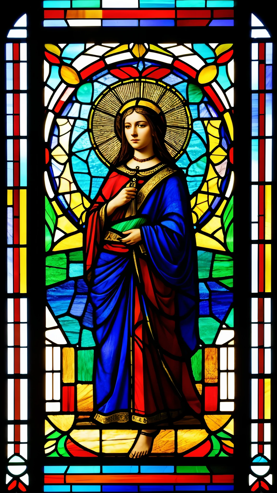 (masterpiece, Highest quality, Highest quality,Official Art, beautifully、aesthetic:1.2),(One person:1.3), One person BREAK stained glass art, Colored Glass, Lead wire, Light transmission BREAK Vivid colors, Intricate Design, Glowing effect, Spiritual atmosphere