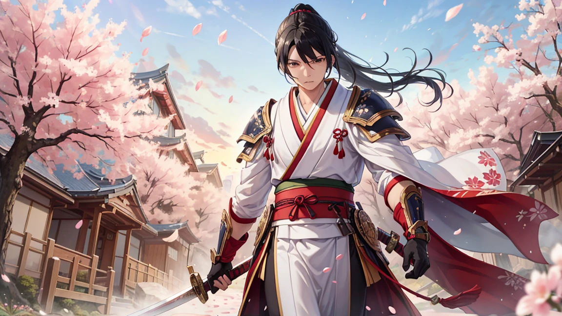 (最high quality, High resolution, Textured skin, high quality, Attention to detail, Highly detailed CG unification), (male),One person,Wearing Japanese-style armor,Japan sword swinging down,Black Hair,ponytail,Are standing,inflammation,Cherry blossom petals,male