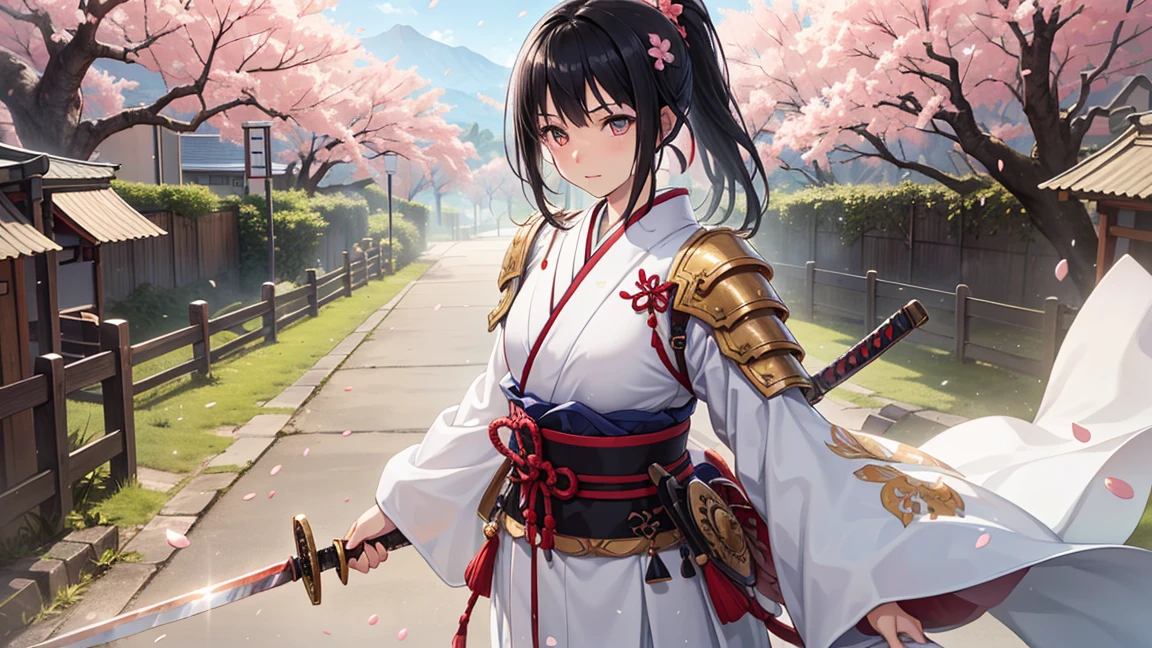 (最high quality, High resolution, Textured skin, high quality, Attention to detail, Highly detailed CG unification), (male),One person,Wearing Japanese-style armor,Japan sword swinging down,Black Hair,ponytail,Are standing,inflammation,Cherry blossom petals,male
