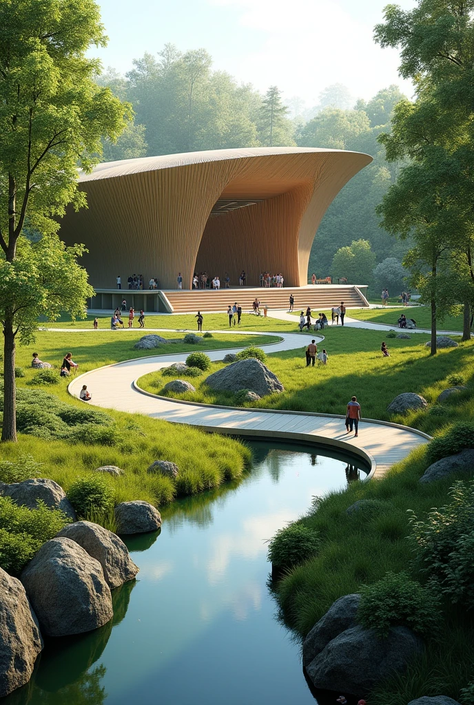 A large plot of land where an architectural project for a large modern pavilion is located, following sustainable characteristics using a lot of vegetation and wood in the construction.. The pavilion is inside a park surrounded by trees and with people using the space, there will be a water mirror for the building's use, an imposing and inviting entrance creating paths that lead to the building, creating several leisure areas with vegetation and benches along the way