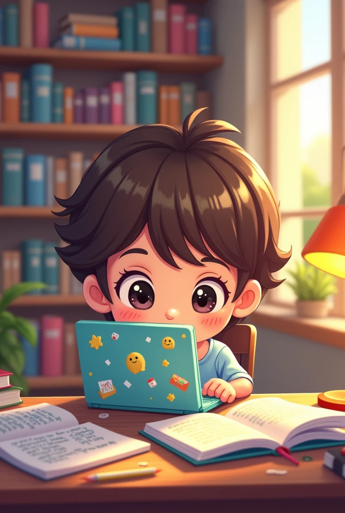 Chibi cartoon of a student working on an assignment. In front of him is a laptop and a book