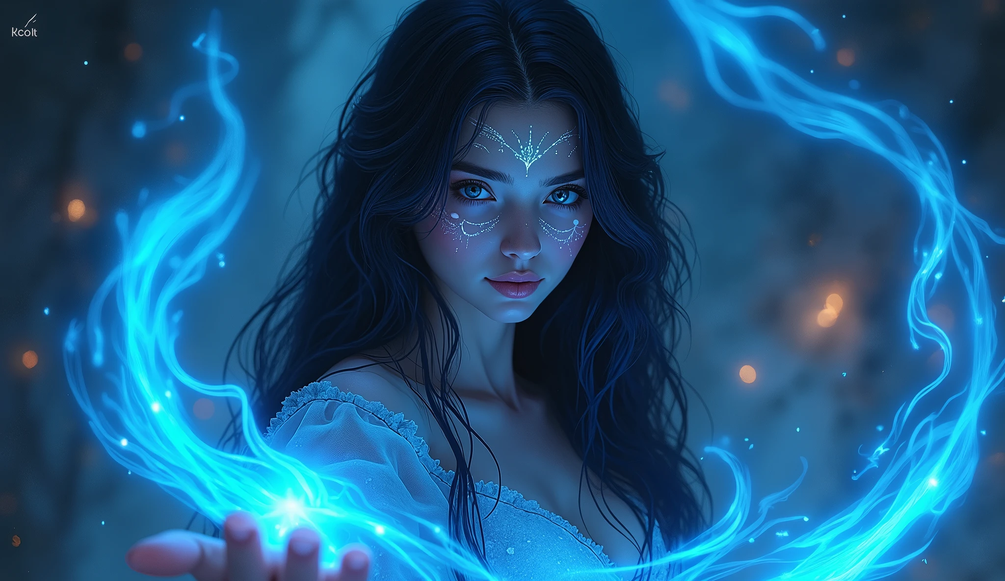 Fantasy-themed digital artwork featuring a young woman with long, wavy dark hair and light skin. Her face is adorned with glowing blue, vein-like patterns, and she has intense, focused eyes. She is surrounded by swirling blue magical energy, which she appears to be controlling with her outstretched hand. The background is dark with scattered, glowing embers, adding to the mystical atmosphere.