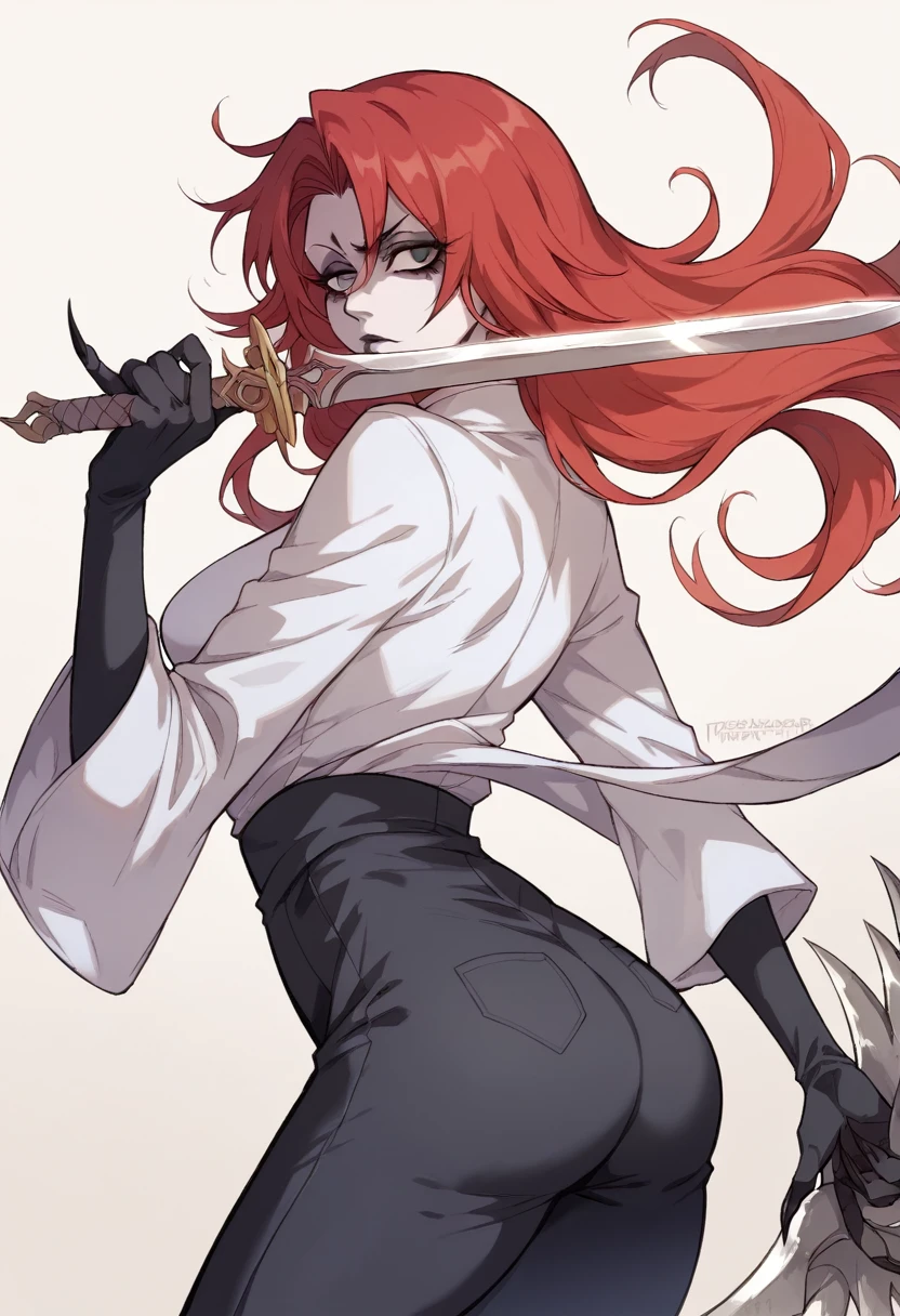 ((best qualityer)), ((master part)),Mascara hollow anime bleach,with owl details,style,red hair that reaches the butt curly with a straight fringe,dark blue general's uniform wearing pants,brown eyes,sharp nails,holding a sword