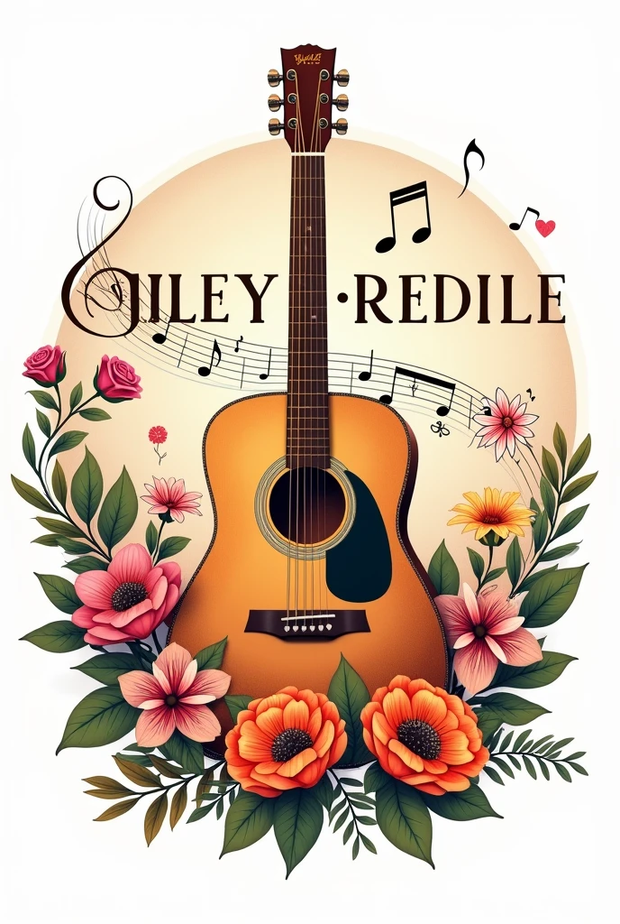 I need a logo for Instagram that says DILEYREDILE and is decorated with many flowers intertwined with guitars, musical notes and that it is round