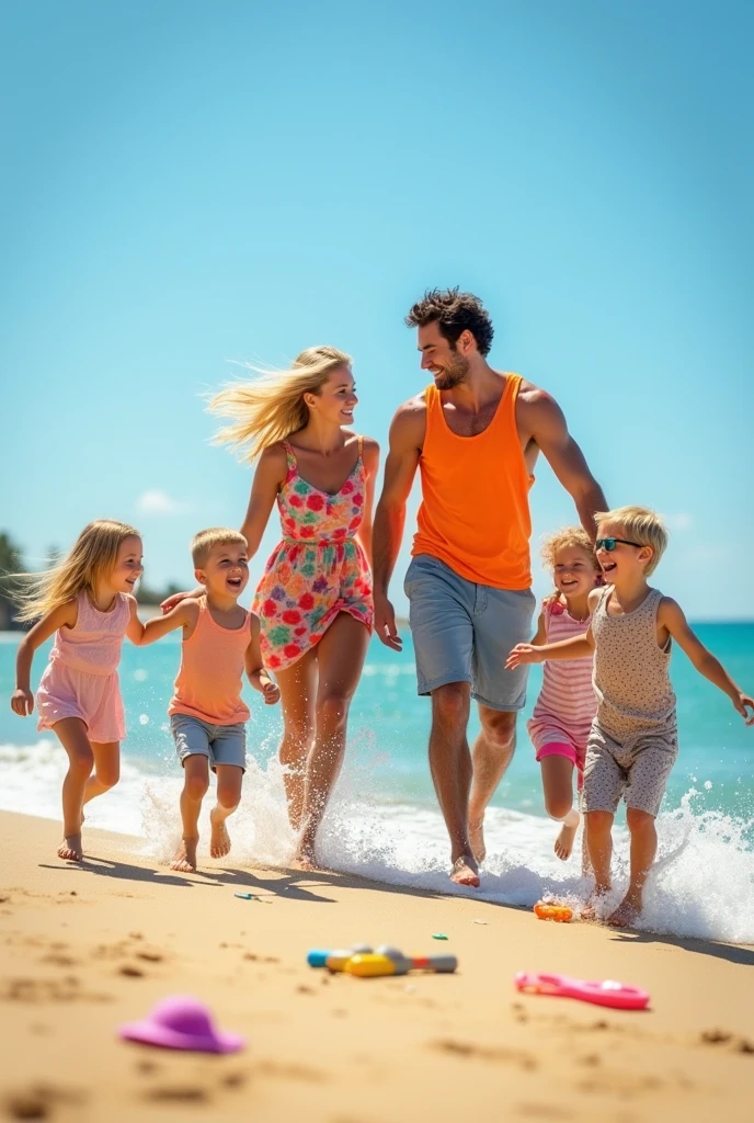 Family Husband wife three boys two girls on the beach