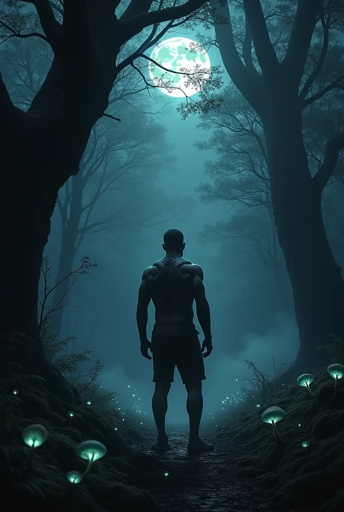 man with a back full of scars in the dark forest