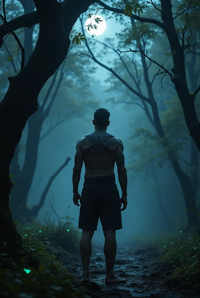 man with a back full of scars in the dark forest