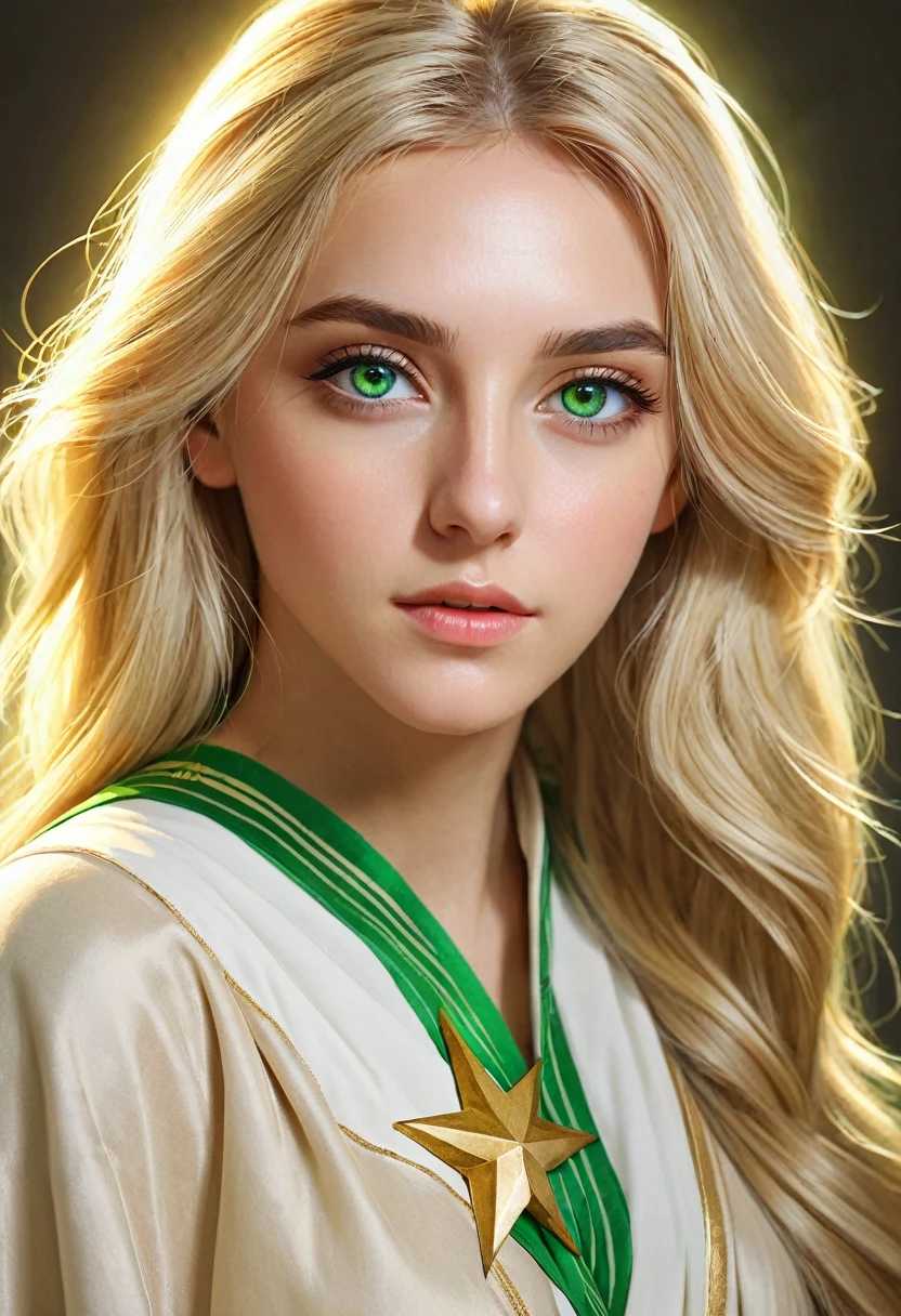 (((absurdres))), (((best quality))), portrait, digital art, (trending on ArtStation), ((1girl)), ((green shiny eyes)), star-shaped eyes, beautiful, (beige blonde long hair), (((greek clothing))):0.9.