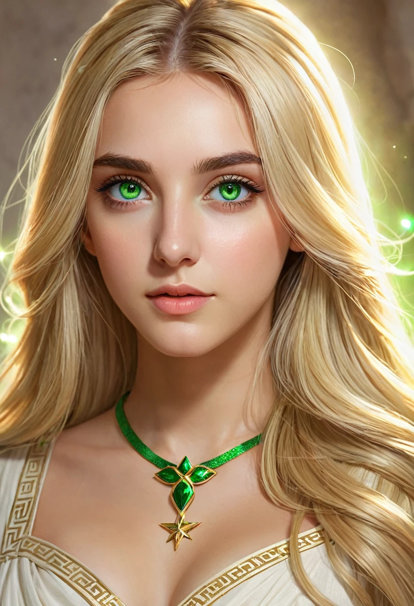 (((absurdres))), (((best quality))), portrait, digital art, (trending on ArtStation), ((1girl)), ((green shiny eyes)), star-shaped eyes, beautiful, (beige blonde long hair), (((greek clothing))):0.9.