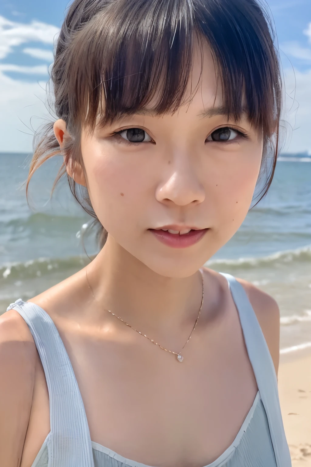 8k, highest quality, masterpiece, super high resolution, (realistic:1.4), RAW Photos, (Film Grain:1.3), One Girl, portrait of a skinny Japanese woman, 30 years old, walking on the beach. She has a cute face and black hair. She is wearing a swimsuit. (Real skin texture:1.3), correct body anatomy, ((detailed face, detailed eyes)), phòtogravúre