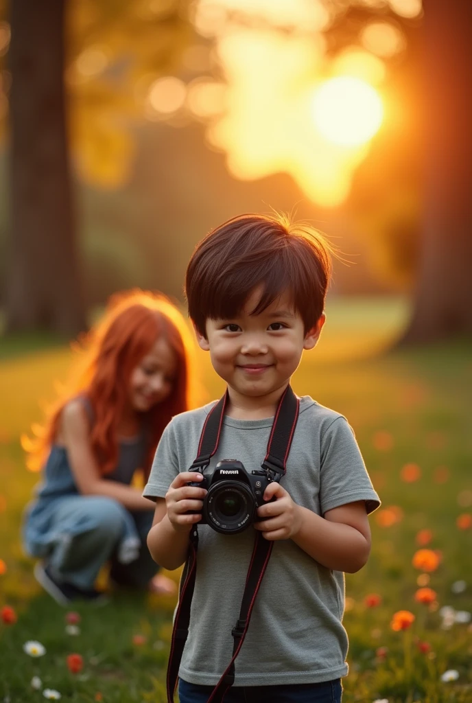 The background of a park with a sunset, a black haired boy, grey eyes,taking a frontal photo with a camera, y atrás de el a través de la cámara se vé una chica pelirroja grey eyes agachada en el suelo con las mejillas rojas 