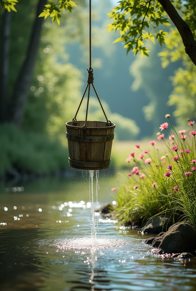 Bucket collecting water from a river