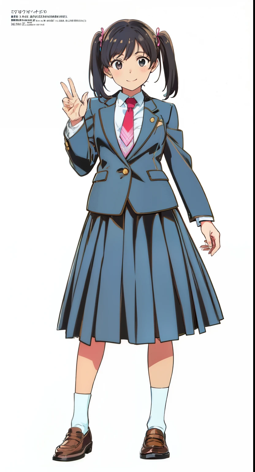 (white background:1.0), (best quality:1.0), (masterpiece:1.0), (super fine illustration:1.0), (beautiful artwork:1.0), (anime screencap:1.0), (official art:1.0), (full body:1.0), (solo:1.0), (a 17yo cute girl:1.0), (long skirt:1.0), (dark blue skirt:1.0), (pleated skirt:1.0), (school uniform dark blue blazer:1.0), (red necktie:1.0), (pink knit vest:1.0), (black loafers:1.0), (white socks:1.0), (ideal ratio body proportions:1.0), (lanky:1.0), (tall:1.0), (slender:1.0), (small breasts:1.0), (smaller face:1.0), (smile:1.0), (cheerful:1.0), (detailed beautiful eyes:1.0), (detailed beautiful face:1.0), (glowing black eyes:1.0), (short hair:1.0), (twin tails:1.0), (swept bangs:1.0), (black hair:1.0), (standing:1.0), (looking at viewer:1.0)
