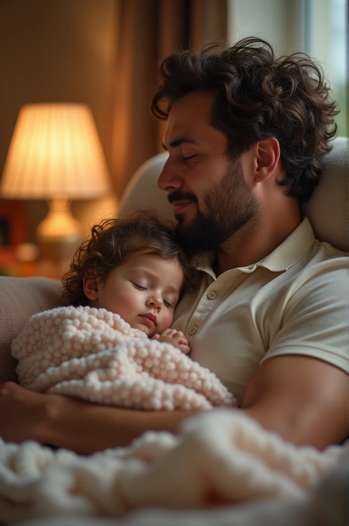 A father holding his daughter in his arms. Both sleeping