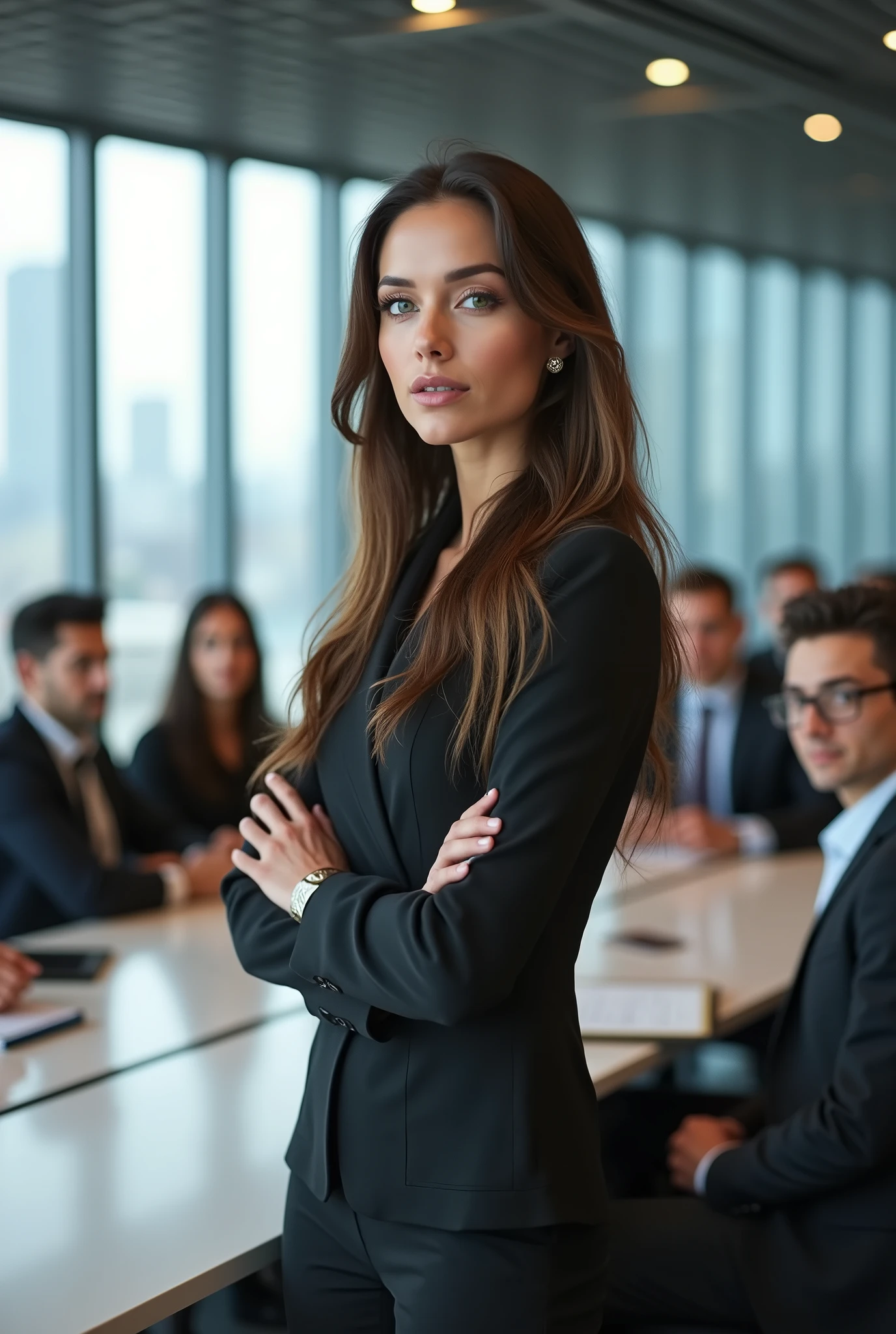 (photorealism:1.2), beautiful woman, long hair brunette green eyes looking at camera standing in modern office with people sitting listening to her