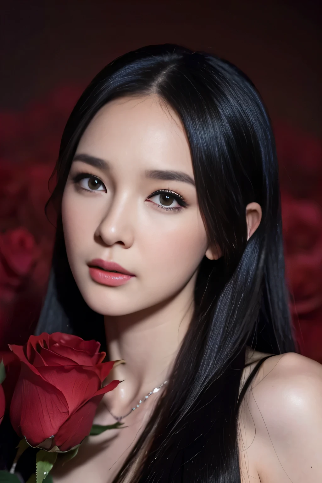 anime girl with long black hair and a white dress with red roses, tattoo, detailed beautiful eyes, guweiz, guweiz on pixiv artstation, detailed digital anime art, beautiful anime girl, guweiz on artstation pixiv, anime style 4 k, kawacy, beautiful anime portrait, detailed portrait of anime girl, detailed anime art, beautiful anime woman