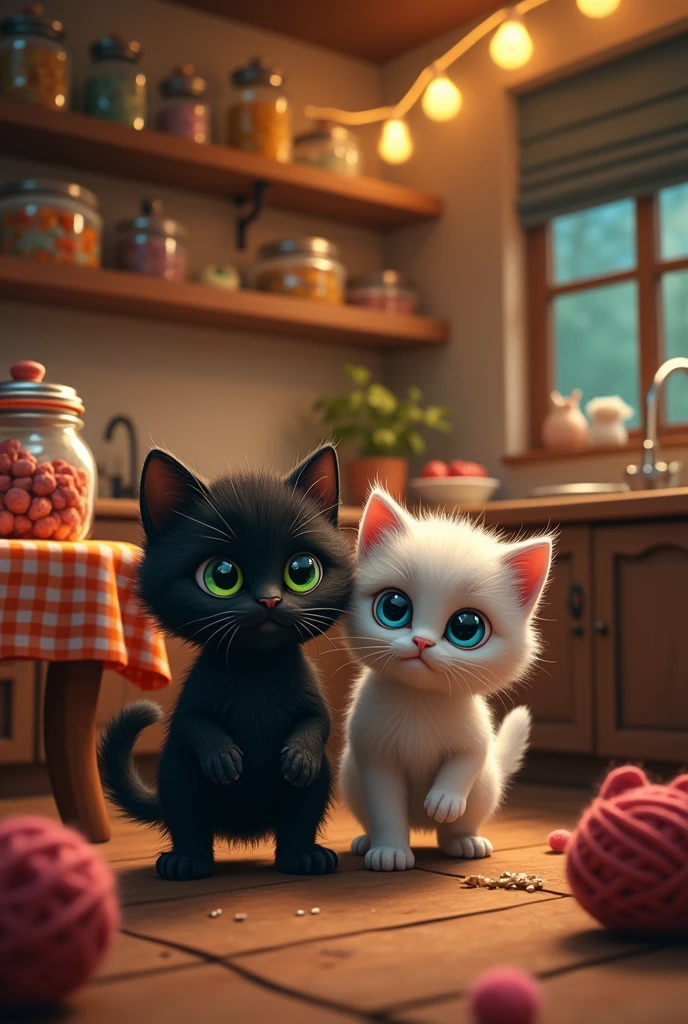 Two kittens, a black one and a white one, committing a robbery