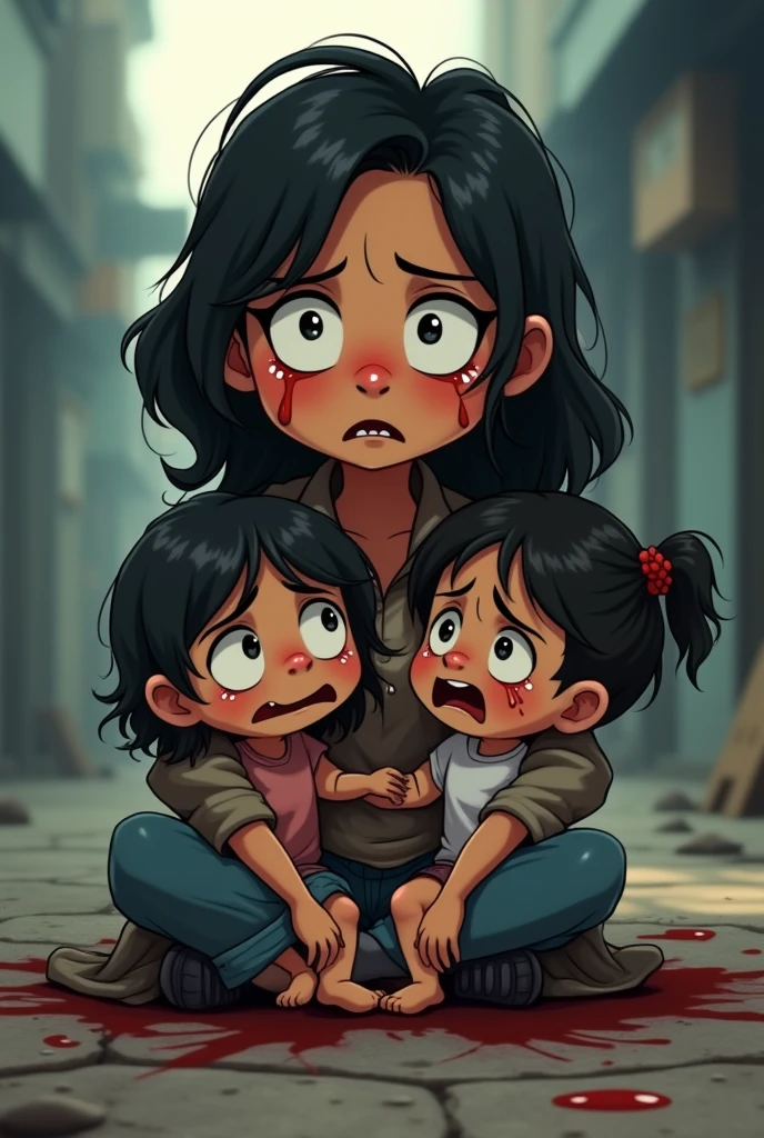 Cartoon of a woman beaten with blood
And children crying 
