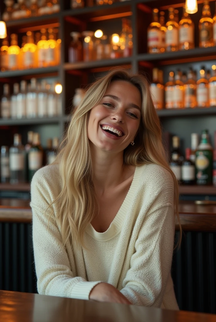 masterpiece, best quality, extremely detailed, hyperrealistic, photorealistic, a beautiful 20s french model, at bar, sitting a seat, face down, ivory sweater:1.2, ultra detailed face, long hair, blonde hair, pale skin, busty breasts, laughing