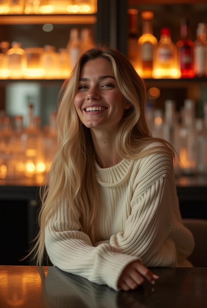 masterpiece, best quality, extremely detailed, hyperrealistic, photorealistic, a beautiful 20s french model, at bar, sitting a seat, face down, ivory sweater:1.2, ultra detailed face, long hair, blonde hair, pale skin, busty breasts, laughing