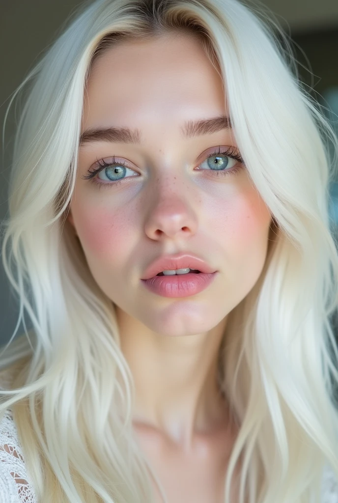 gere foto de Beautiful young woman with pale skin::5, baby blue eyes, long straight natural white hair, selfie making a cute pout, light pink makeup, inspired by bernini
-young skin-
Different face