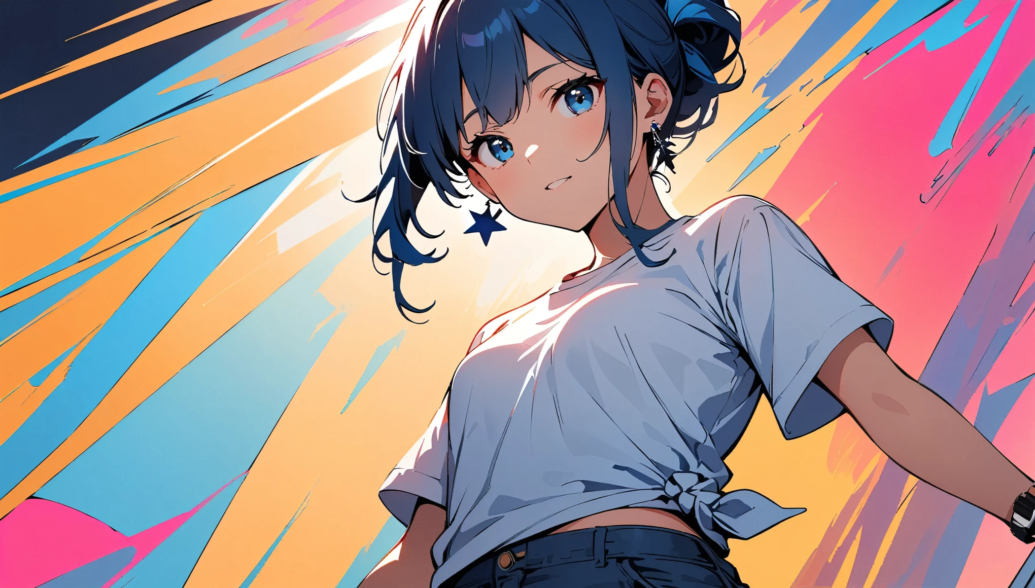 (high quality, 8k, 4K, High Contrast, masterpiece:1.2, 最high quality, Best aesthetics), (Dynamic Angle), ((1 female)), ((Single color background)), ((Flat Color)), Plain White and Short T-shirt, jeans,Looking at the audience, Upper Body, Pop Background,Light background, High Contrast, Contrasting colors, Cowboy Shot,Pale pink and blue lighting,Long Hair,((Tied Hair)),Small Tits,Blue Hair,Small star-shaped earrings in both ears,watch,