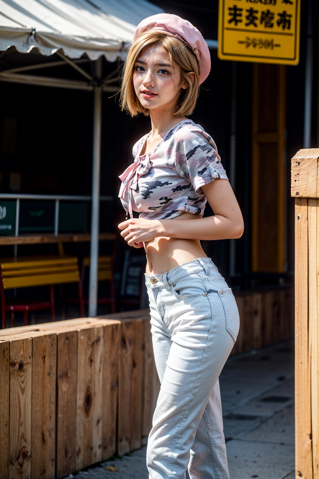 (1 woman), (Top Quality at its finest:1.4) (ultra detailed), (extremely detailed CG unified 16k), a beautiful woman with perfect figure: 1.4, sharp focus: 1.2, Very detailed, High definition RAW color photography, Professional photo session, Amazing face and eyes, Cosmetic products, (incredibly beautiful girl), ((From Lambda)), ((pink and white denim pants, pink black and white camouflage pattern shirt, pink hat, bare abdomen)), standing, sexy posture,(Stylish cityscape, day light), (look from below), realistic cinematic face, Full length, wide remote view., full body long view, photorealistic, ((realistic natural golden blonde hair style, Red eyes, short hair)), gorgeous, extremely beautiful face, perfect model beauty, pout mouth, Very detailed face and skin texture., detailed eyes, double eyelids, big breasts, smile, western film, (masterpiece), Best Quality, High resolution, extremely detailed, blurred background, depth of field, cinematic lighting, amazing legs, High heels, Clear and well-groomed skin, athletic, looking at the viewer, frontal photograph
