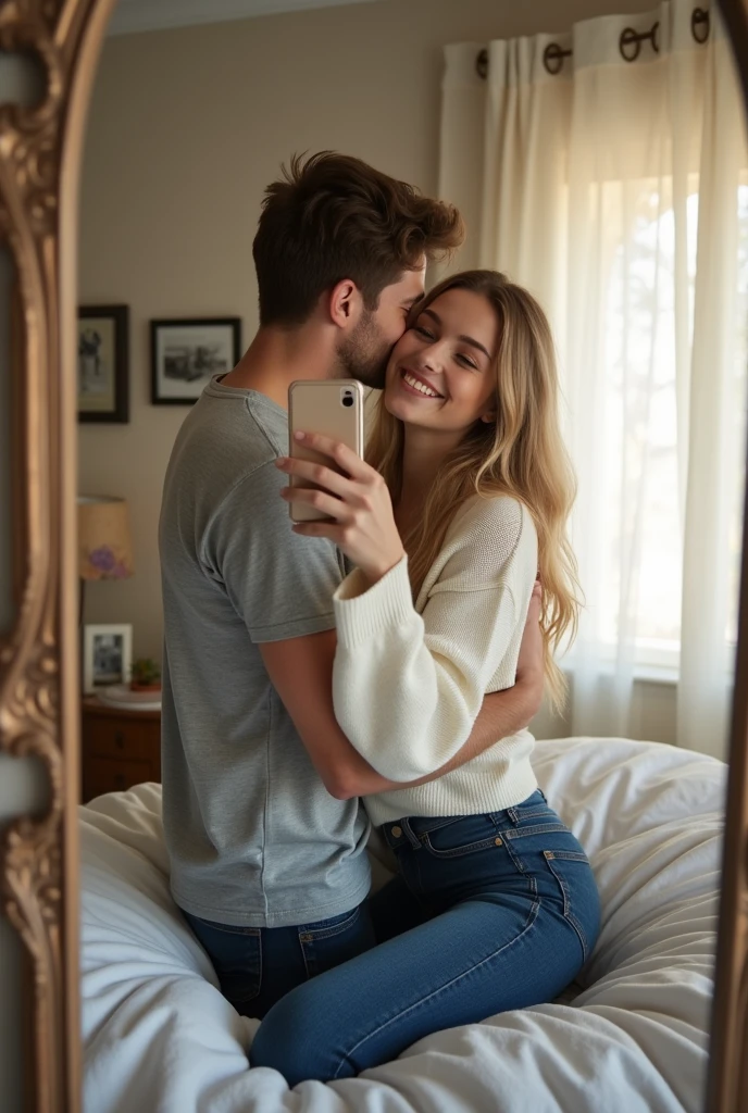 Realistic photo of a selfie in front of a mirror sitting in a bed of a blonde model, 19 years old. She kisses her boyfriend on the mouth as he holds her. The boy is wearing a gray T-shirt and navy blue jeans. The girl is wearing a white sweater and blue jeans.