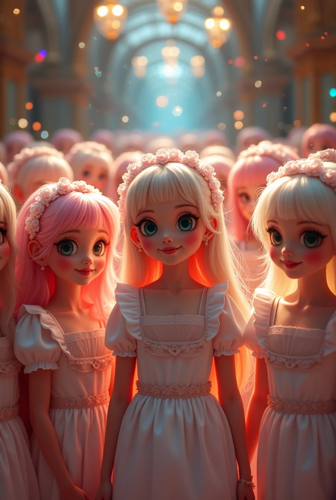 (Full Body of Extremely detailed((A group of cute maids:1.37))), Cute perfect face, Reflective eyes, detailed(Delicate clothing texture), Correct leg line, ,BDSM,Dynamic and joyful expressions are realistically expressed, reflection of mirror, TopQuality 8K ultra-fine masterpiece (Professional Photo:1.37), (Accutance:0.8), (Luminism:1.28), (Renaissance Art Style), Colorful light particles, ((Whole body from the side)), {Micro Mini Skirt|kiss|Breast lifting|Take off|Thigh Gap|Asfocus}, Translucent, Glowing, Fine-Grained Skin, (Expose:0.5), (Types of Anime Hair Color){Pink Hair|Blue Hair|Platinum Blonde|Pure white hair|Liquid Hair}, Perfect lighting