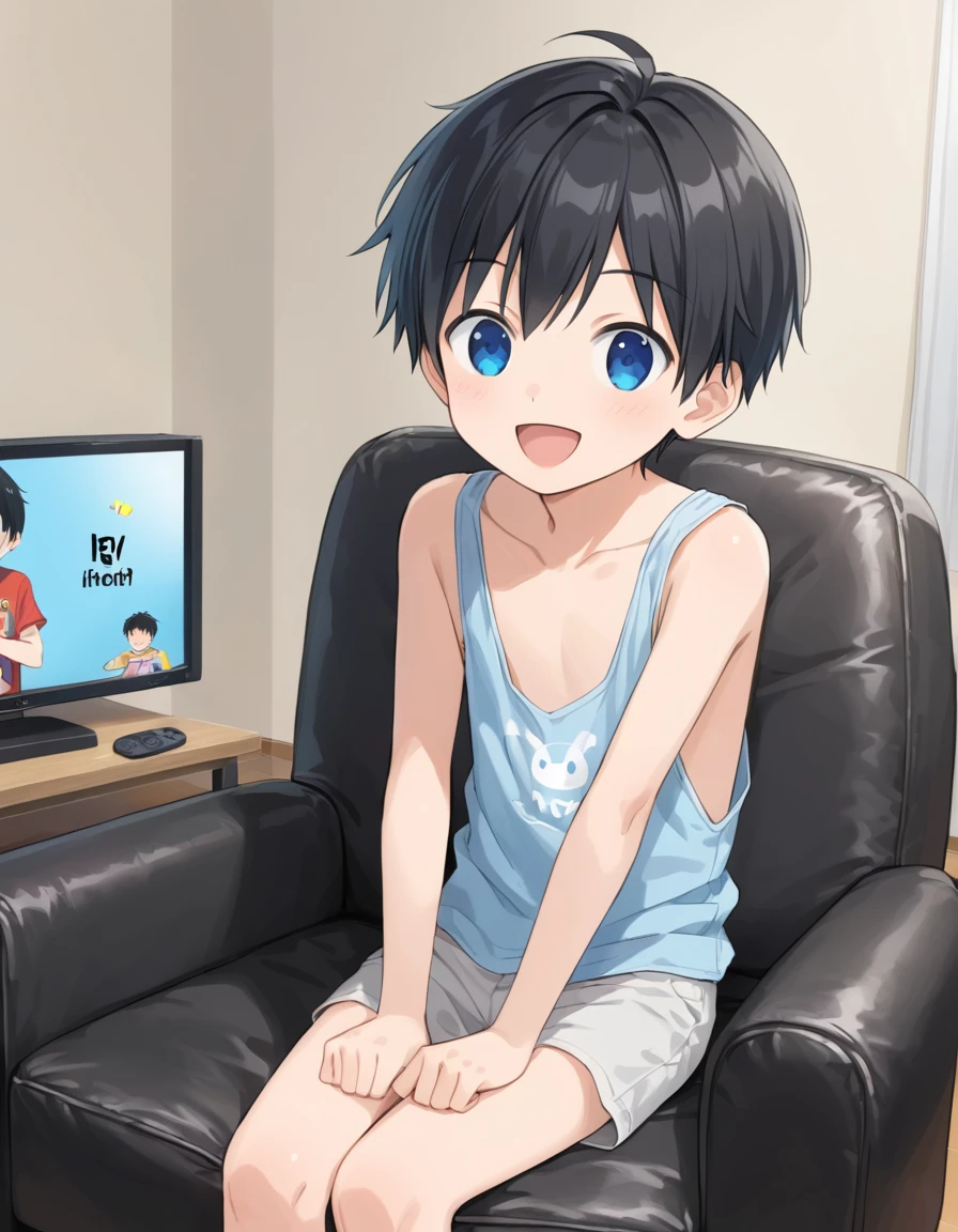 anime, kid, boy, cute face, sitting on the armchair, shirtless, black hair, blue eyes, watching TV, laughing