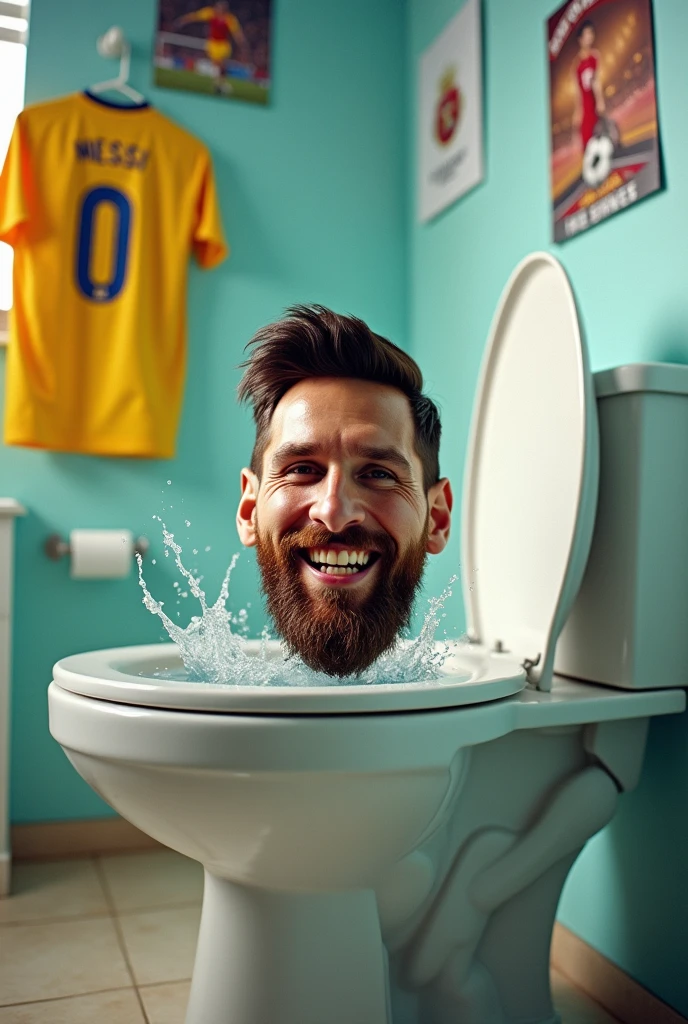 A toilet with Messi's head sticking out