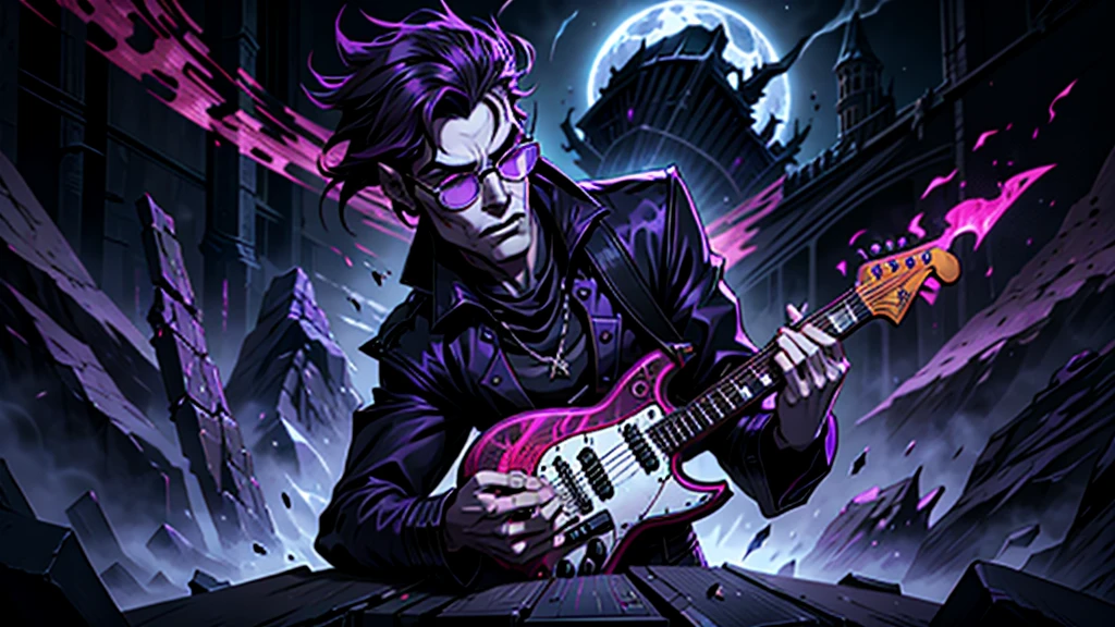 Create a surreal and haunting high fantasy image of a male lobisomen using dark glasses in a rockstar jacket, "Kaelin Darkshadow", playing a flaming guitar while battling a horde of demonic creatures in a mystical, neon-lit arena. called 'Lunar Fang', is a legendary musician who sold his soul to the devil for unparalleled musical prowess. His music has the power to summon spirits and his guitar solos can shatter the very fabric of reality.  background castle in fire purple