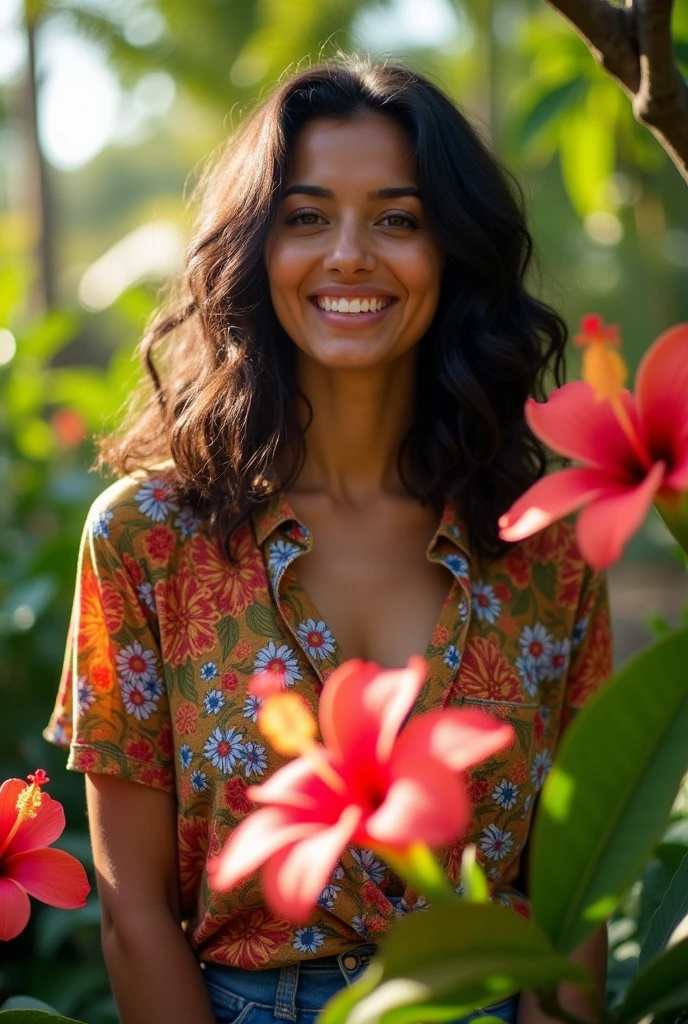 A Brazilian woman in a lush tropical garden, wearing an open shirt with a floral print, with a close-up capturing the harmonious beauty between her breasts and the natural flowers, showing off your natural charm and outgoing personality.
