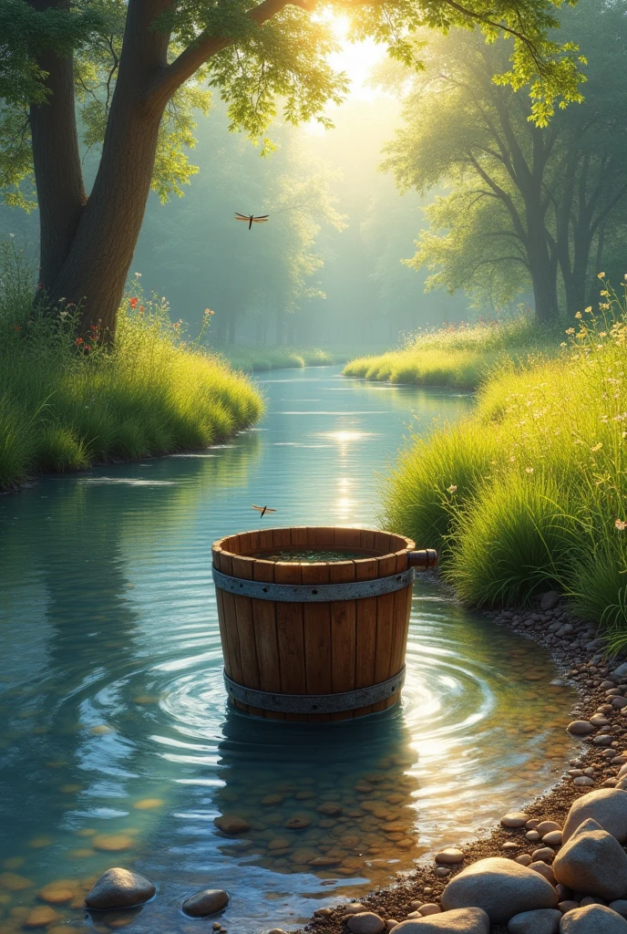 Bucket collecting water from a river