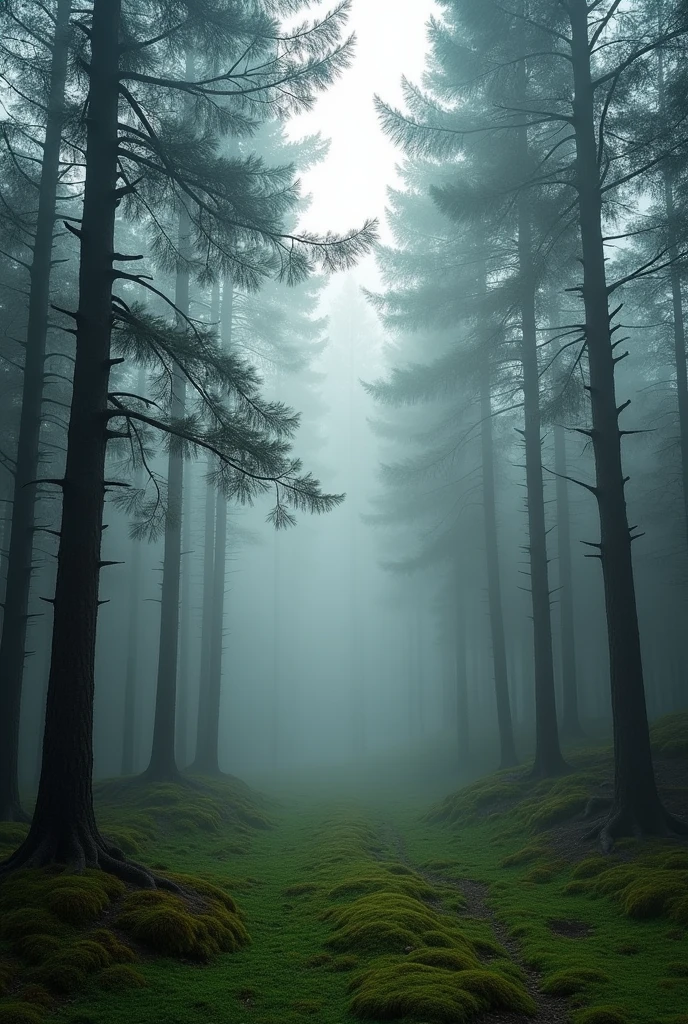 Very cloudy pine forest