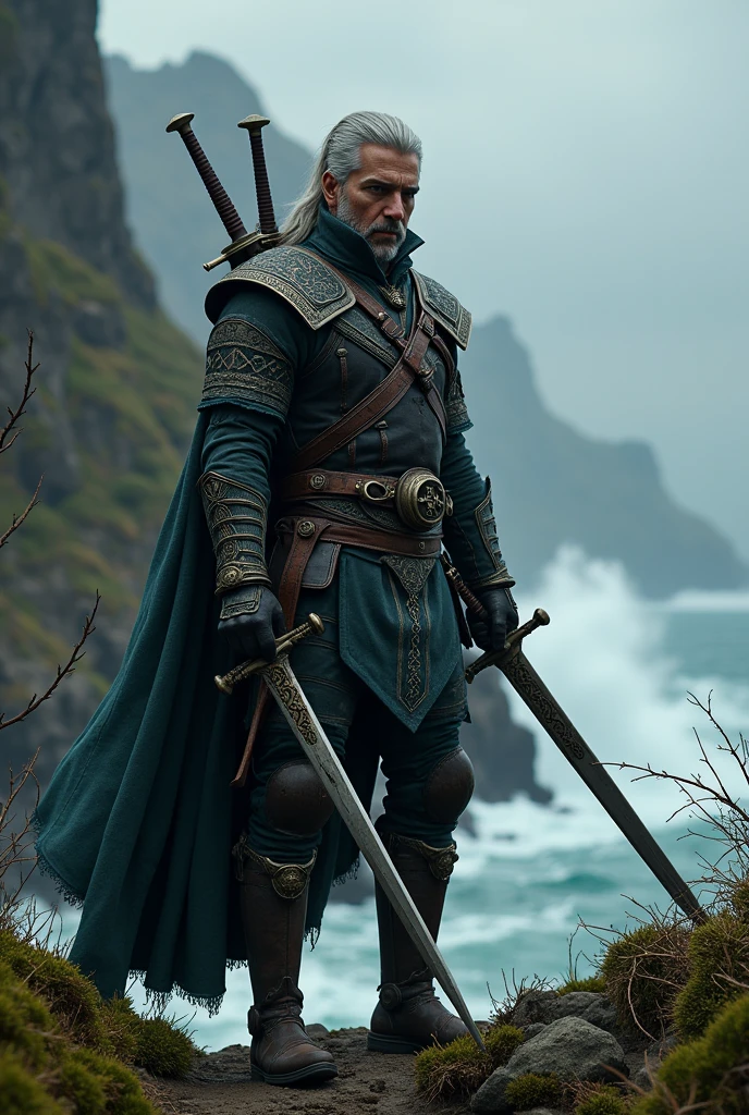 A short, black-haired and bearded Witcher from Skellige, wearing light armor with two swords and an eyepatch. 