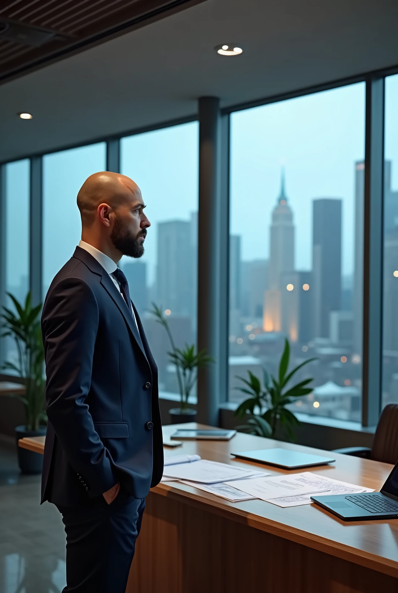 tall, half-bald executive with a medium build and a thin beard