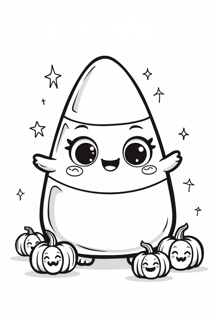 Cute and Kawaii Halloween Candy corn coloring Page, simple for toddlers, bold and easy, black boldlines, White background, for a coloring book black and white, line art, only outlines, but the design is simple and bold, no greyscale
