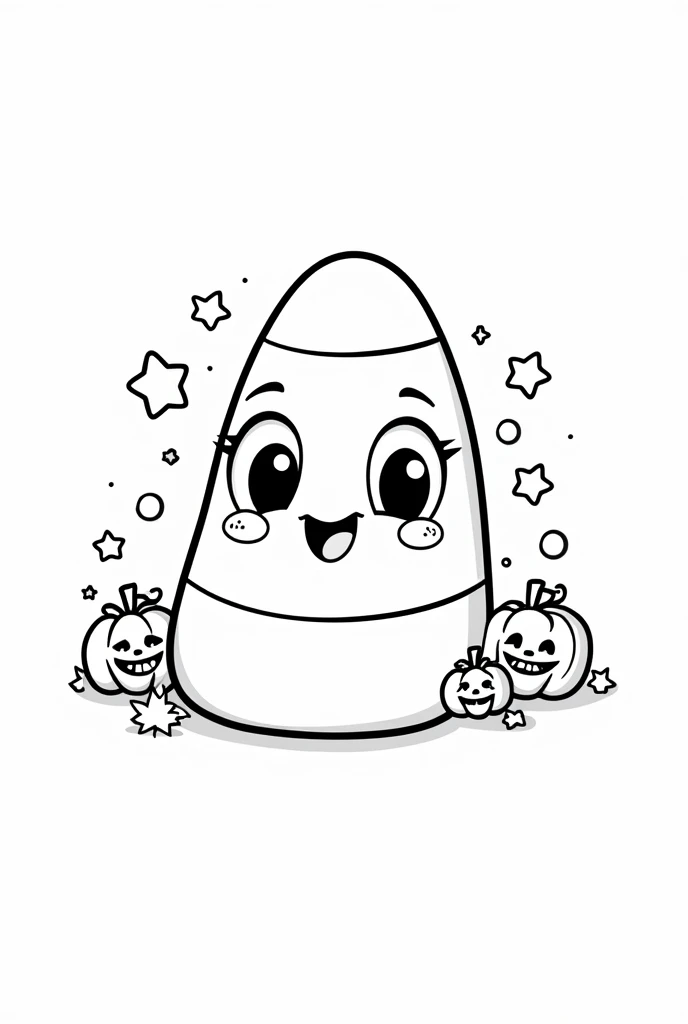 Cute and Kawaii Halloween Candy corn coloring Page, simple for toddlers, bold and easy, black boldlines, White background, for a coloring book black and white, line art, only outlines, but the design is simple and bold, no greyscale