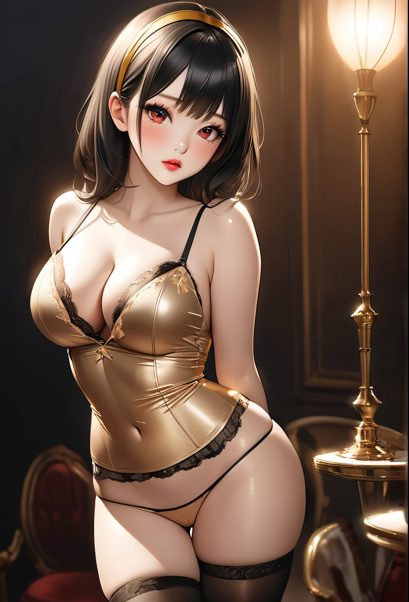 (((Yor Briar))), black hair, red eyes, ulzzang, gold headband, realistic depiction, elegant appearance, pale and shiny skin, full lips with lip gloss, red and gold monochromatic color scheme, soft lighting, cleavage, huge tits, lingerie, thigh highs, casual, ((arms behind back)), sexy, blushing