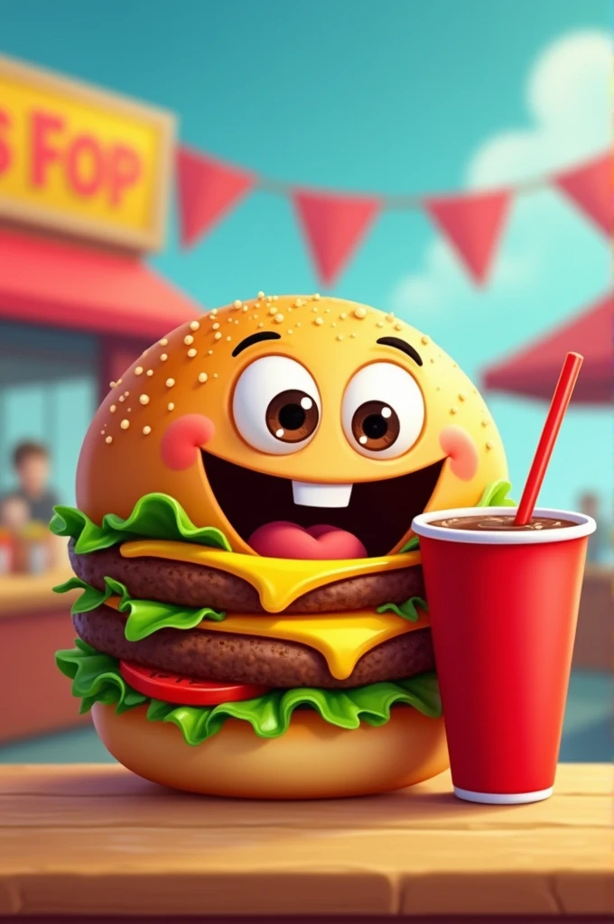 A cartoon hamburger drinking a soda