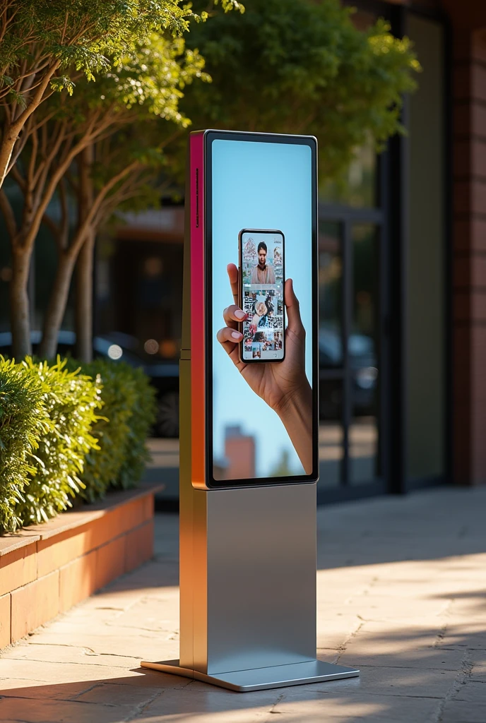 8. **Advertising Totem with Augmented Reality**:
- **Specifications**: A totem approximately 1 meter high.5-2 meters high, located outdoors or at the entrance of the establishment. It must be designed with a QR code or a clear indication of how customers can interact with augmented reality using their phones.
- **drawing**: Shows a modern totem with a large and visible QR code, and a mobile phone that shows augmented reality content when scanned. You can include details of the totem such as the logo and colors of the brand or also products such as professional photographs, albums and paintings