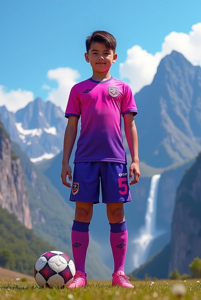 Uniforme de fútbol de color morado con rosado y con el Escudo de fútbol ⚽ con montañas cascada y el nombre de BUENA VISTA LICUA FC  2023