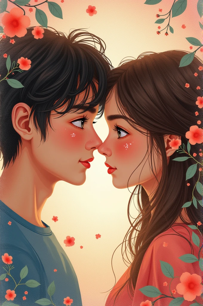 Create a book card on the theme of tangled love, where the girl's face shows love suffering and the guy's face radiates love for her