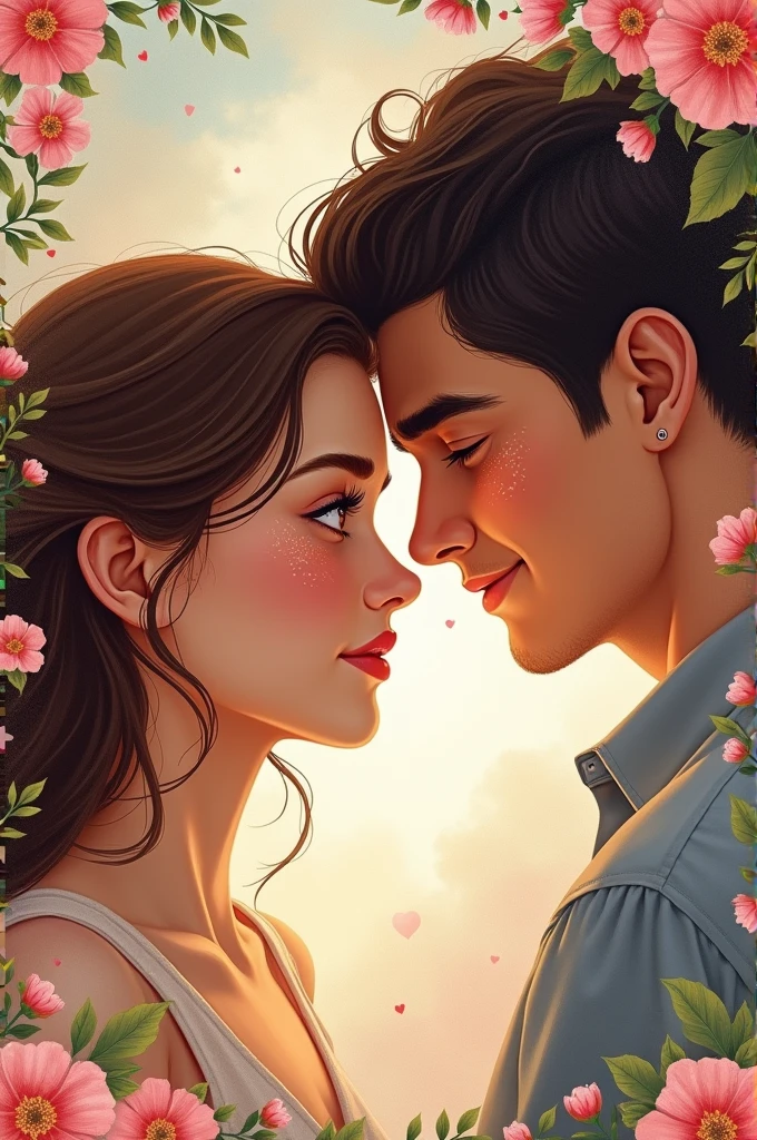 Create a book card on the theme of tangled love, where the girl's face shows love suffering and the guy's face radiates love for her