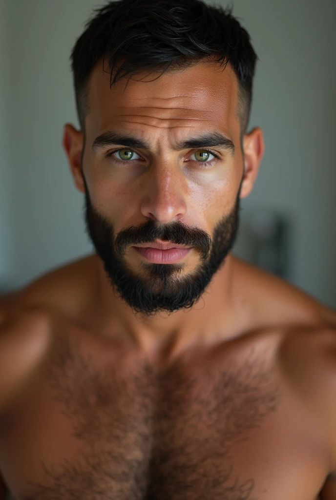 A muscular young man with veins popping out. He has a square face., of Iranian origin, and grows a big beard. Her complexion is tanned. He has short, dark shaved hair.. Ses yeux sont verts clairs et il fixe directement l'objectif de manière sexy. Il est sous la douche et se masturbe
