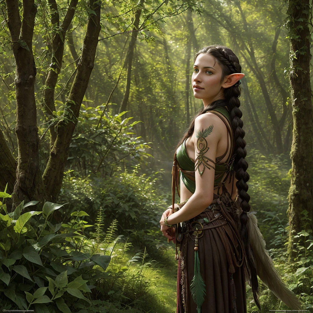 Portrait of a young nomadic Elf woman; a mage leader; a strong and independent demeanor: piercing emerald green eyes; long flowing black hair; hair braided with feathers and beads; sun-kissed skin; subtle vallaslin tattoos on her face; leather armor adorned with intricate elven designs; a quiver of arrows slung across her back; a bow held confidently in her hand; alert and intelligent expression; a hint of playful defiance. The background is a lush forest grove, dappled sunlight filtering through the trees. Style: photorealistic, detailed, fantasy art, Donato Giancola, in the style of Dragon Age concept art