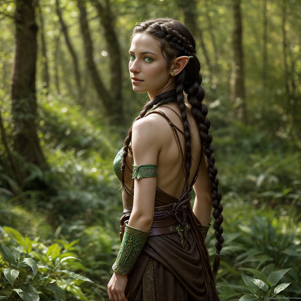 Portrait of a young nomadic Elf woman; a mage leader; a strong and independent demeanor: piercing emerald green eyes; long flowing black hair; hair braided with feathers and beads; sun-kissed skin; subtle vallaslin tattoos on her face; leather armor adorned with intricate elven designs; a quiver of arrows slung across her back; a bow held confidently in her hand; alert and intelligent expression; a hint of playful defiance. The background is a lush forest grove, dappled sunlight filtering through the trees. Style: photorealistic, detailed, fantasy art, Donato Giancola, in the style of Dragon Age concept art