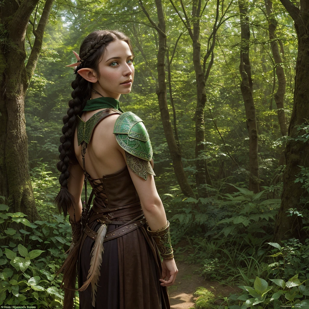 Portrait of a young nomadic Elf woman; a mage leader; a strong and independent demeanor: piercing emerald green eyes; long flowing black hair; hair braided with feathers and beads; sun-kissed skin; subtle vallaslin tattoos on her face; leather armor adorned with intricate elven designs; a quiver of arrows slung across her back; a bow held confidently in her hand; alert and intelligent expression; a hint of playful defiance. The background is a lush forest grove, dappled sunlight filtering through the trees. Style: photorealistic, detailed, fantasy art, Donato Giancola, in the style of Dragon Age concept art