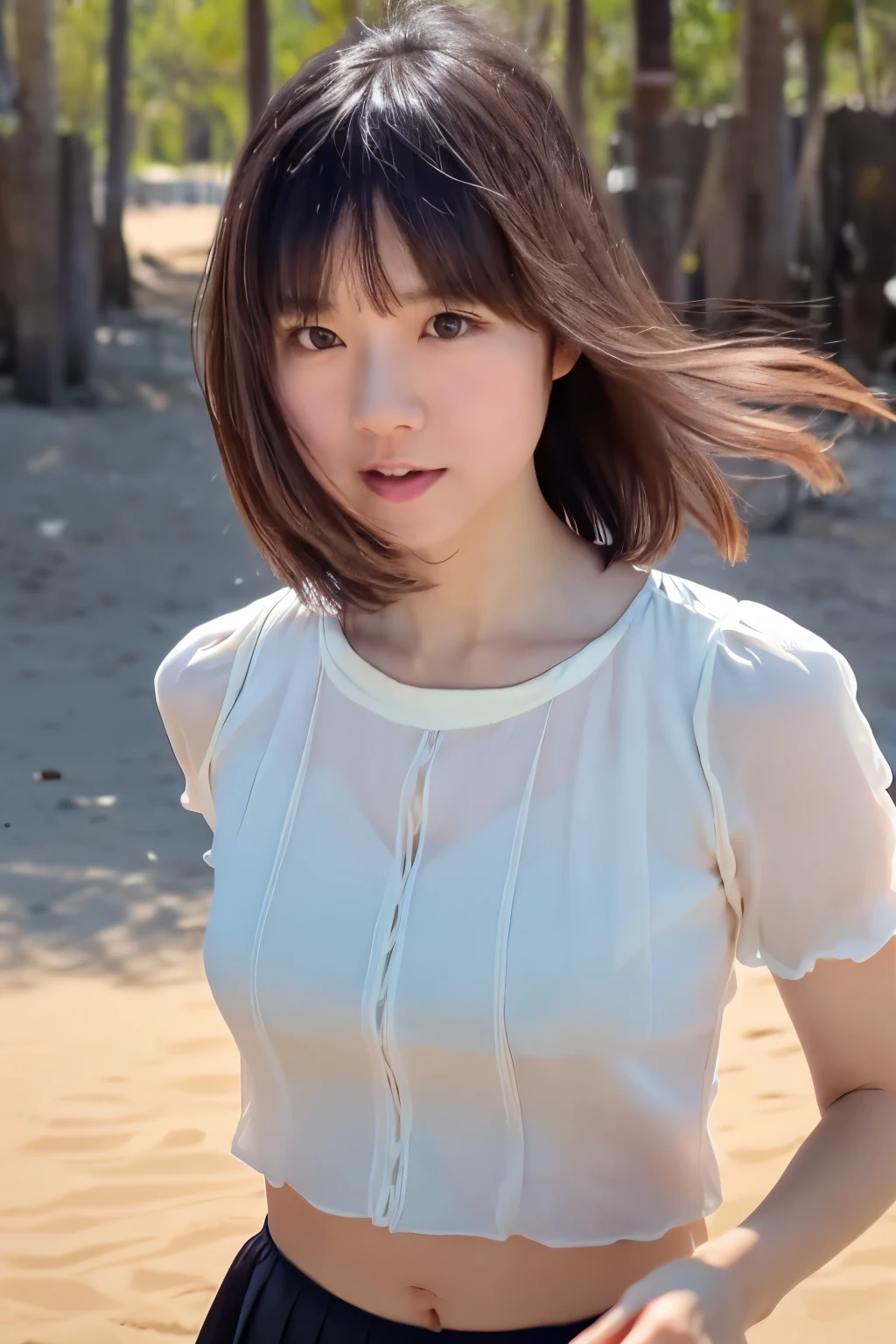 8k, highest quality, masterpiece, super high resolution, (realistic:1.4), RAW Photos, (Film Grain:1.3), One Girl, phòtogravúre of a skinny Japanese woman, 30 years old, running on the beach. She has a cute face and black hair. She is wearing a white blouse on nude, a gray pleated skirt. (Real skin texture:1.3), correct body anatomy, ((detailed face, detailed eyes))